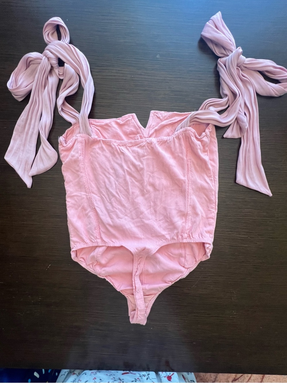 Free People XS Lola Bodysuit Pink Bow Tie Shoulder Notch Neck - Picture 5 of 10